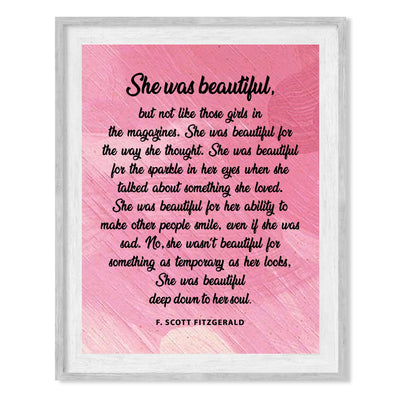 She Was Beautiful-Deep Down to Her Soul Inspirational Wall Art Sign -8 x 10" Poetic Pink Poster Print -Ready to Frame. Perfect Home-Office-Library Decor! Great Literary Gift for Fitzgerald Fans!