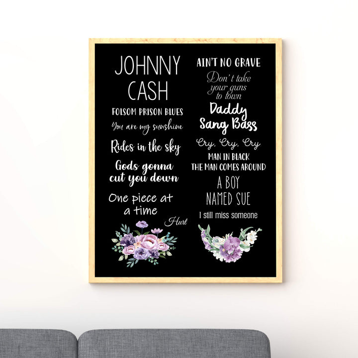 Johnny Cash-Greatest Hits Wall Art Sign -11 x 14" Song Titles Floral Poster Print -Ready to Frame. Rustic Decor for Home-Studio-Bar-Dorm-Cave. Great Gift for All Country Music Fans!