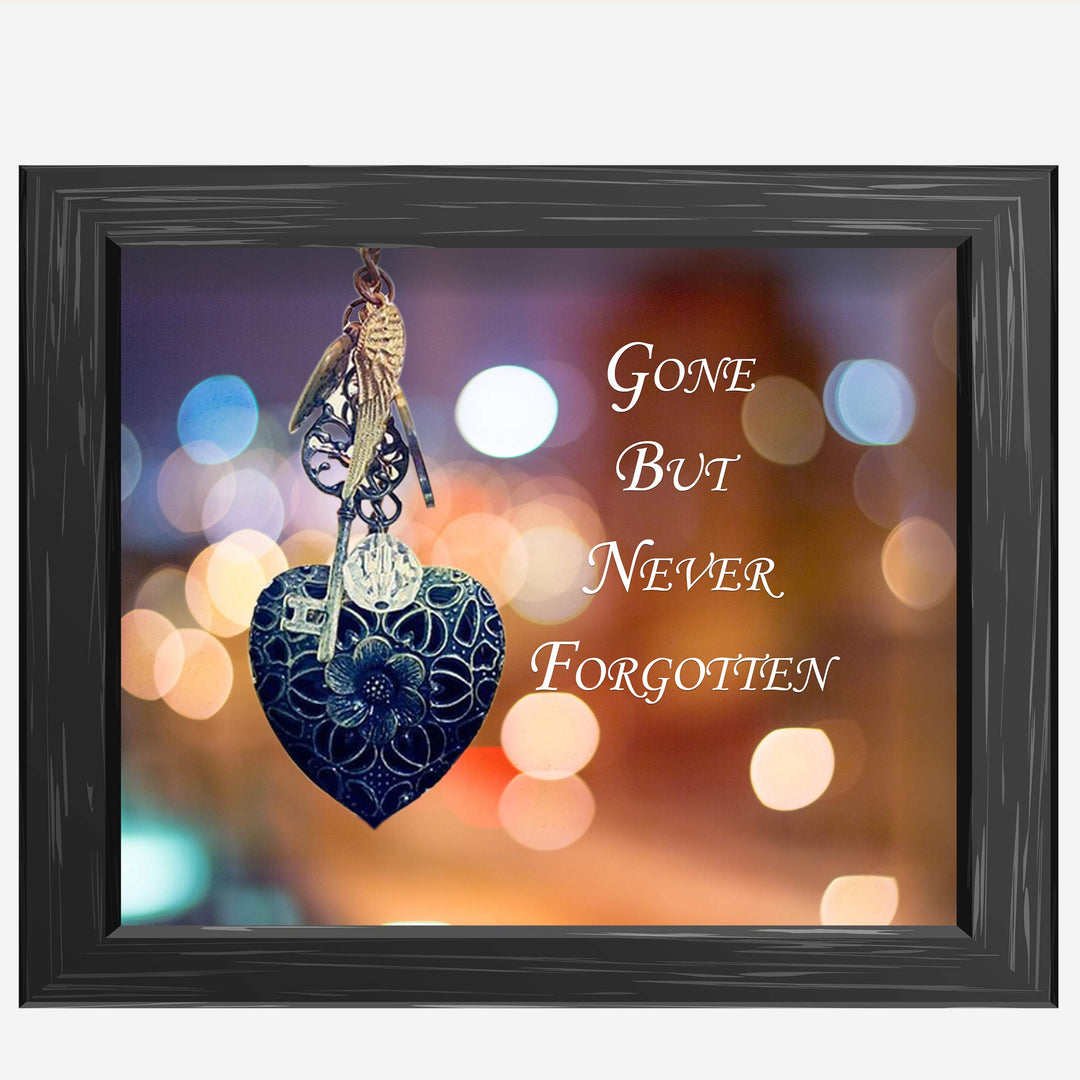 Gone But Never Forgotten-Inspirational Wall Art Decor -10 x 8" Memorial Poster Print w/Heart, Key, and Angel Wing Images-Ready to Frame. Loving, Sentimental Keepsake for Family and Friends.