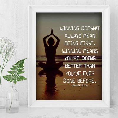 Winning Doesn't Always Mean Being First Inspirational Quotes Wall Art. -8 x 10" Beach Sunset Print with Yoga Pose-Ready to Frame. Motivational Wall Decor for Home, Office & Studio. Great Zen Gift!