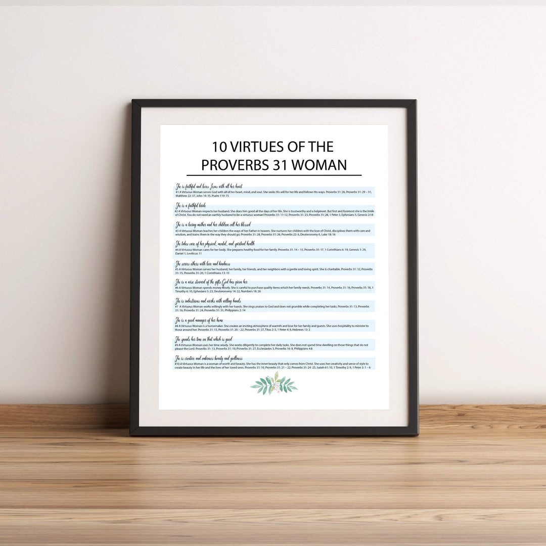 Ten Virtues of the Proverbs 31 Woman-Bible Verse Wall Art Sign -11 x 14" Scripture Wall Print-Ready to Frame. Inspirational Home-Office-Church Decor. Great Religious Gift for Christian Women!