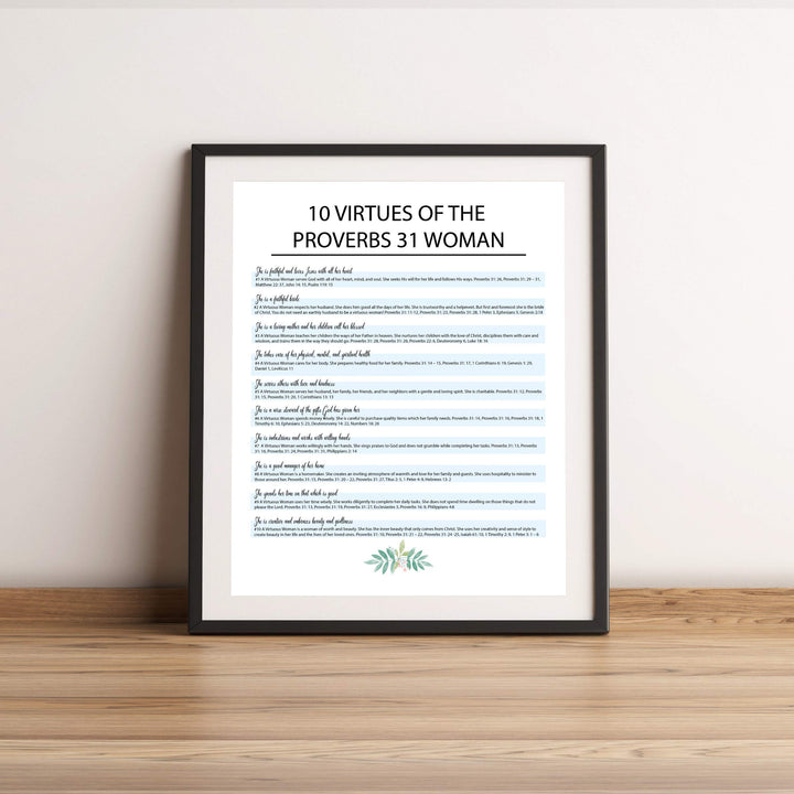 Ten Virtues of the Proverbs 31 Woman-Bible Verse Wall Art Sign -11 x 14" Scripture Wall Print-Ready to Frame. Inspirational Home-Office-Church Decor. Great Religious Gift for Christian Women!