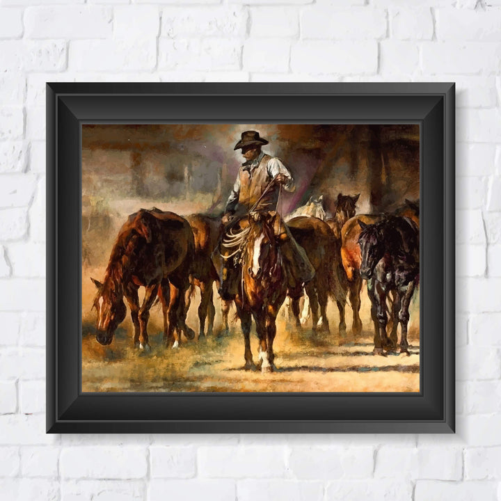 Cowboy Riding Horses- Western Wall Art Sign- 10 x 8"- Country Rustic Replica Art Print-Ready to Frame. Home-Lodge-Camp-Cabin Decor. Great Gift for Cowboys &amp; Horse Lovers!
