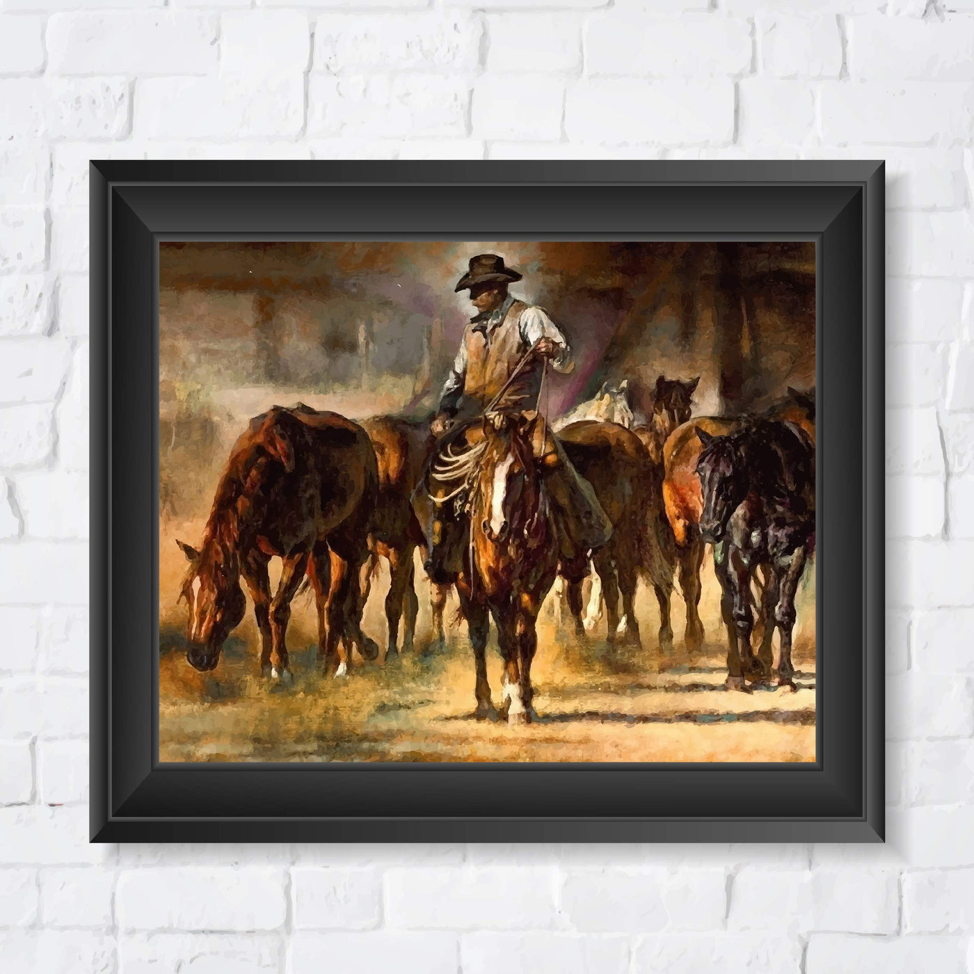 Cowboy Riding Horses- Western Wall Art Sign- 10 x 8"- Country Rustic Replica Art Print-Ready to Frame. Home-Lodge-Camp-Cabin Decor. Great Gift for Cowboys & Horse Lovers!