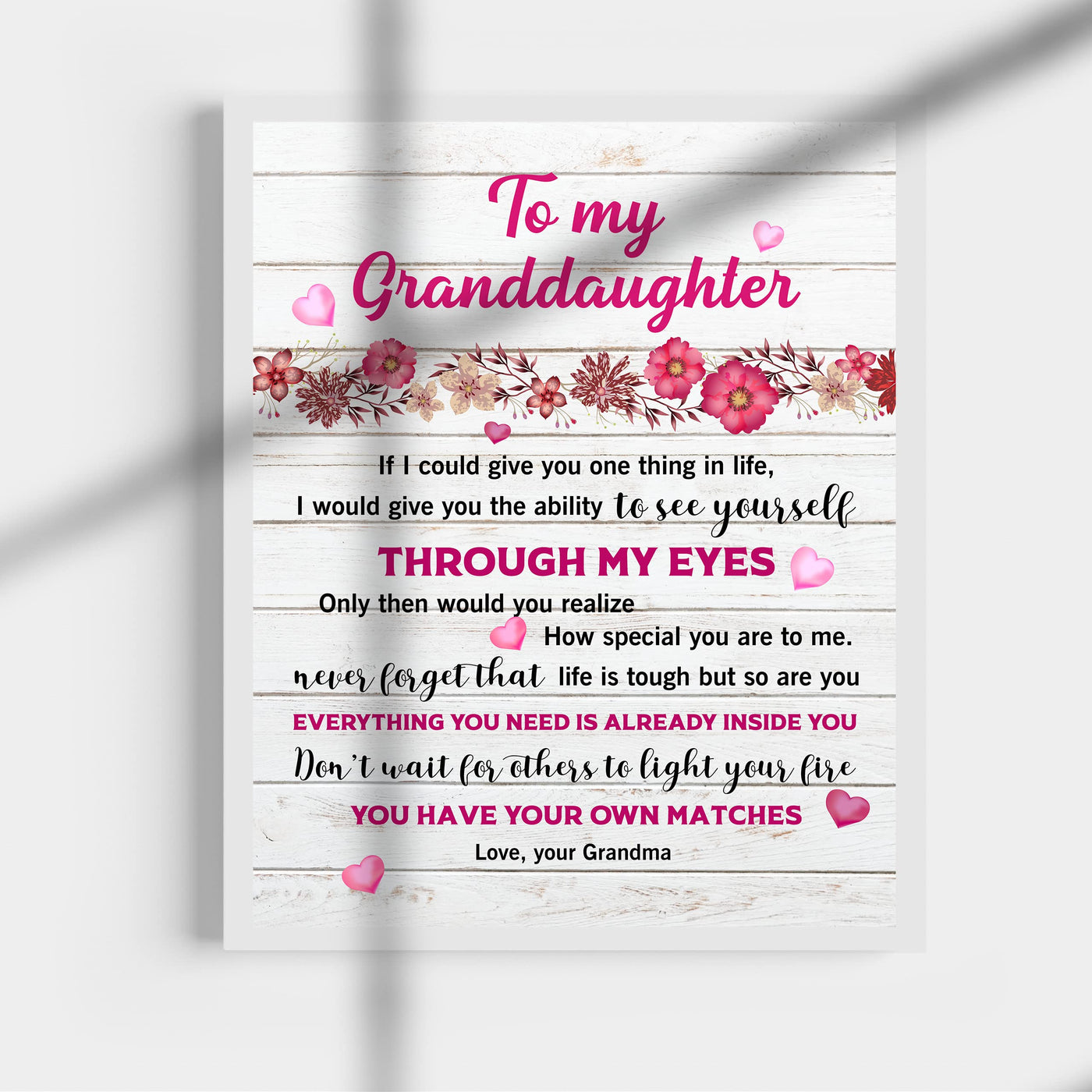 My Special Granddaughter - Love Grandma Inspirational Family Wall Art Sign -11 x 14" Pink Floral Heart Print -Ready to Frame. Perfect Home-Bedroom Decor. Loving Keepsake Gift for Teens & Girls!