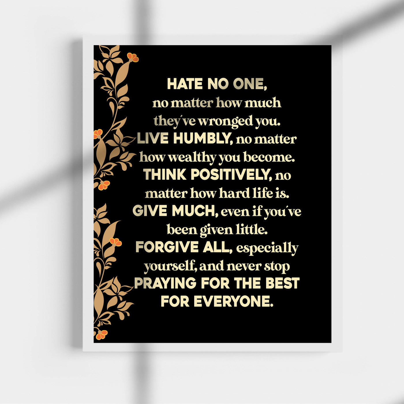 Live Humbly-Think Positively-Inspirational Quotes Wall Art -11 x 14" Rustic Floral Print w/Wood Design-Ready to Frame. Home-Office-School-Positive Decor. Great Life Lessons! Printed on Photo Paper.