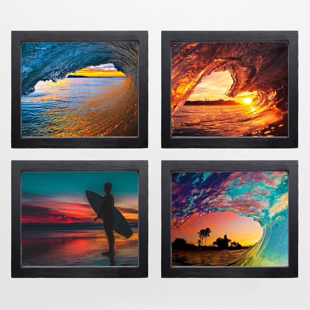 Works of Art Waves with Sunset Surfer-4 Picture Set of 8 x 10?s- Art Image Print Ready to Frame. Modern Home D?cor, Office D?cor &amp; Wall Prints for Beach, Ocean and Surfing Themes. Makes a Perfect Gift