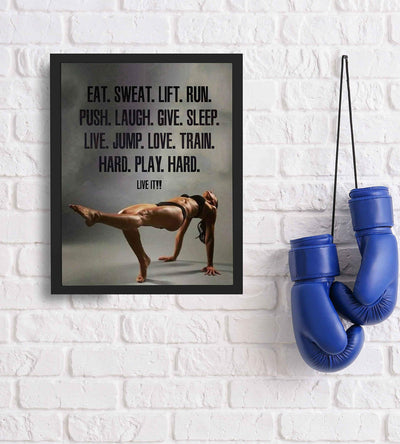 Eat. Sweat. Lift. Run-Train. Hard. Play. Hard-Motivational Exercise Sign- 8 x 10" Wall Print- Ready to Frame. Modern Fitness Poster Print for Home-Office-Gym-Studio Decor. Great Gift of Motivation!