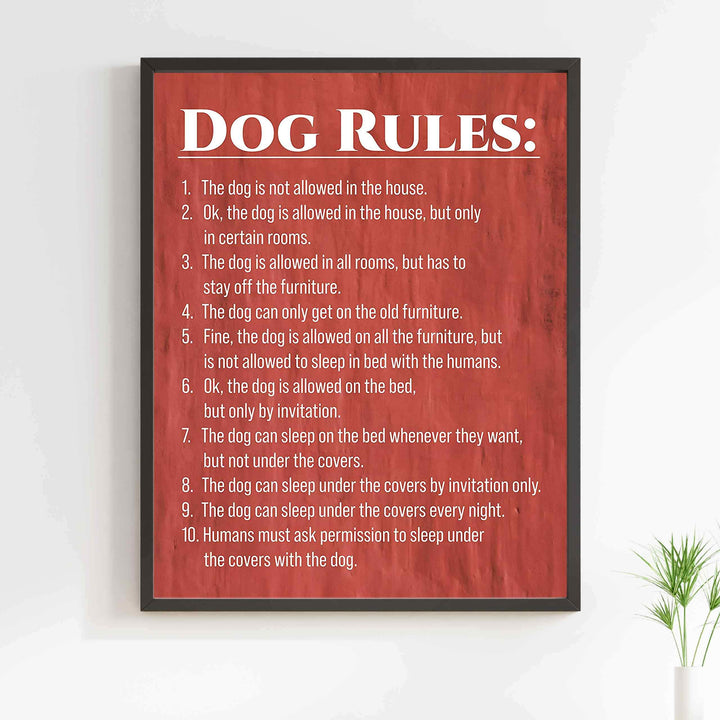 Dog Rules Funny Wall Sign -11 x 14" Typographic Art Print-Ready to Frame. Home-Kitchen-Entryway Decor. Great Housewarming Gift-Perfect for Dog Lovers! Humorous Reminders for Guests &amp; Pet Owners!