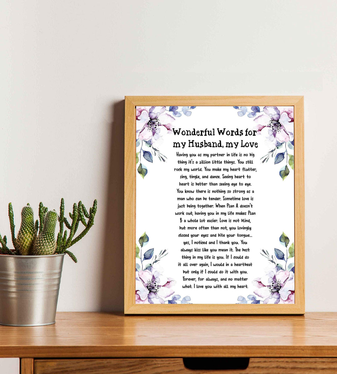 Wonderful Words for My Husband, My Love- Romantic Poem Wall Art Print- 8 x 10" Floral Typographic Print-Ready to Frame. Perfect for Spouses, Newlyweds, &amp; BFF&
