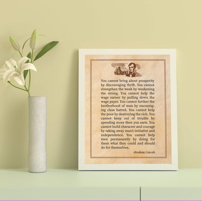 Abraham Lincoln Quotes-"Cannot Bring About Prosperity By Discouraging Thrift"-Motivational Wall Art-8x10" Historical Presidential Print-Ready to Frame. Home-Office-Patriotic Decor. Great Library Sign!