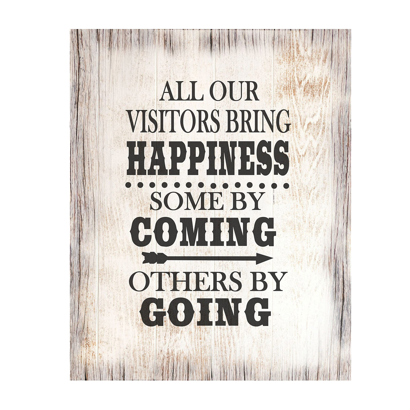All Our Visitors Bring Happiness-Coming or Going-Funny Wall Art Sign. 8 x 10 Wall Decor Print-Ready To Frame. Typographic Wood Grain Design. Humorous Decor for Home-Office-Restaurant. Perfect Gift.