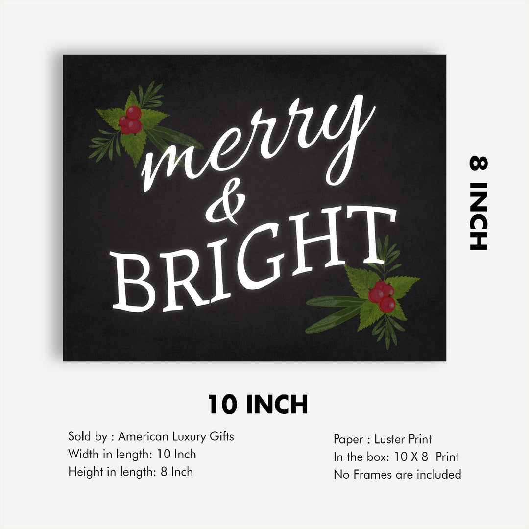 Merry &amp; Bright Christmas Decor Wall Art -10 x 8" Modern Holiday Art Print-Ready to Frame. Festive Home-Kitchen-Farmhouse Decor. Perfect Welcome Sign and Winter Decoration! Great Christian Gift!