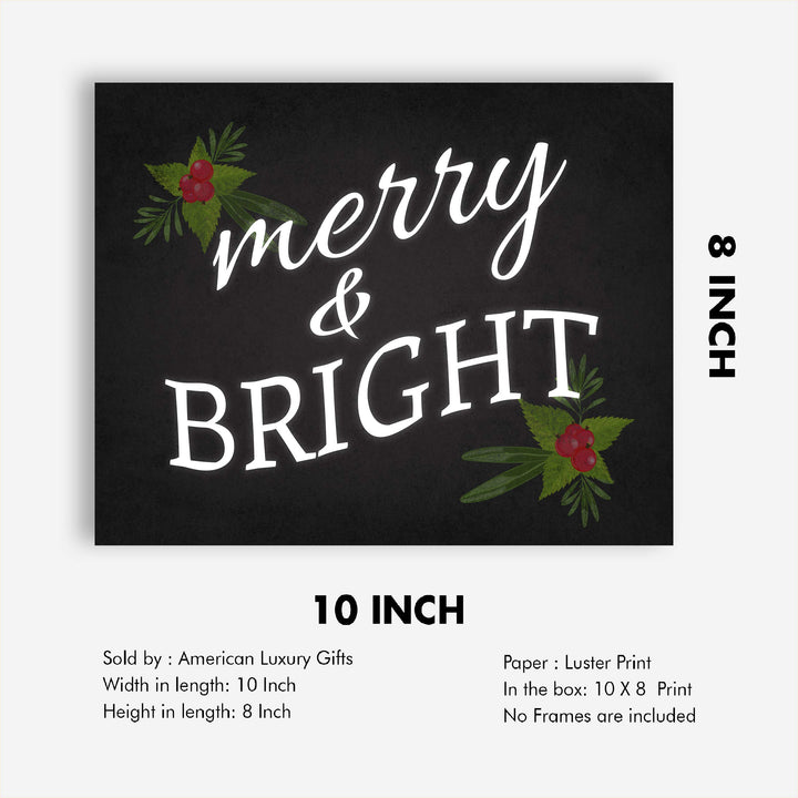 Merry &amp; Bright Christmas Decor Wall Art -10 x 8" Modern Holiday Art Print-Ready to Frame. Festive Home-Kitchen-Farmhouse Decor. Perfect Welcome Sign and Winter Decoration! Great Christian Gift!