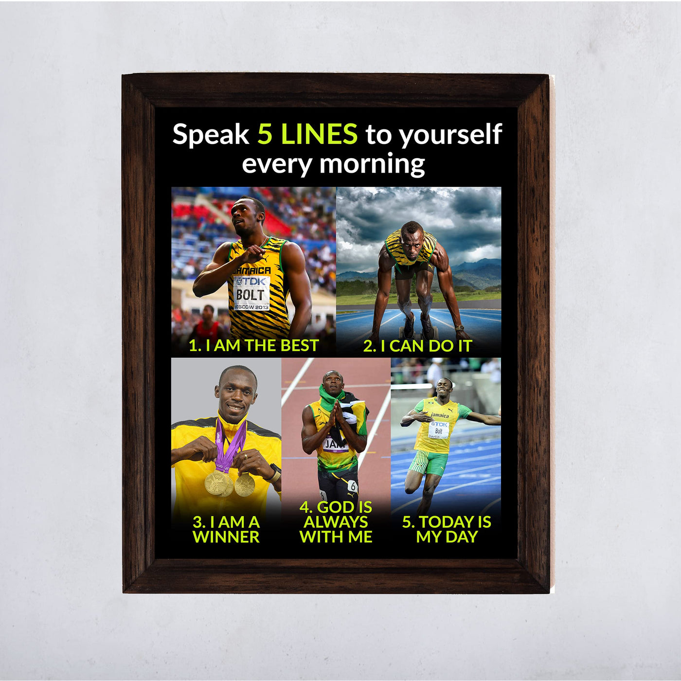 Usain Bolt Quotes-"Speak 5 Lines to Yourself Every Morning"-Motivational Wall Art-11 x 14" Inspirational Track & Field Photo Print-Ready to Frame. Home-School-Gym-Locker Room Decor. Inspire Your Team!