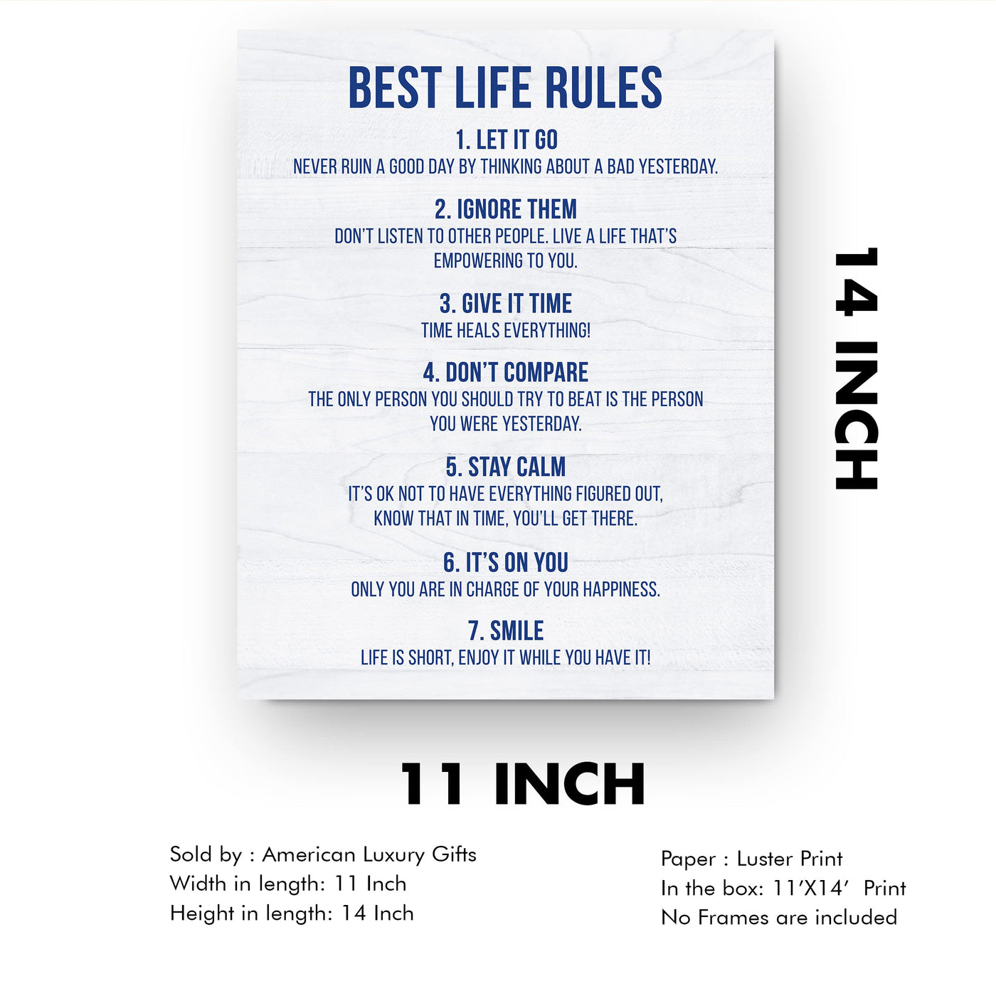 "Best Life Rules" Inspirational Quotes Wall Sign -11 x 14" Motivational Poster Print -Ready to Frame. Modern Typographic Design. Positive Home-Office-Classroom Decor. Great Lessons!