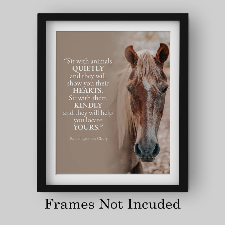Sit With Animals Quietly Inspirational Wall Art Sign -8 x 10" Rustic Typographic Poster Print w/Horse Image-Ready to Frame. Home-Office-Country-Barn Decor. Perfect Gift for Vets &amp; Horse Lovers!