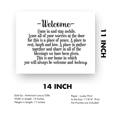 Welcome-Come In and Stay Awhile Inspirational Family Wall Decor -14 x 11" Typographic Art Print-Ready to Frame. Home-Entryway-Porch-Patio Decor. Perfect Welcome Sign-Great Housewarming Gift!