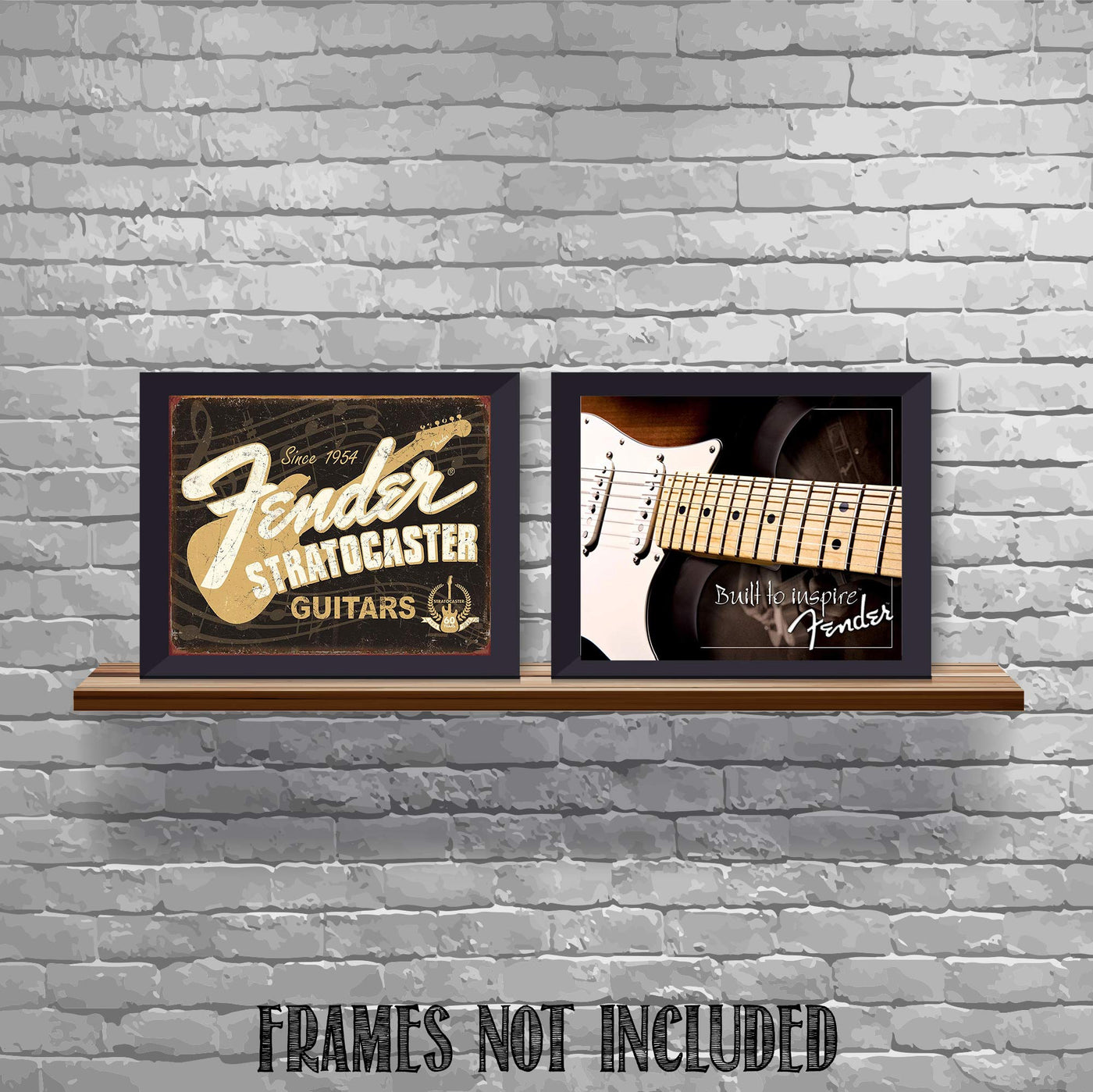 Fender Guitar- Retro Poster Prints-"Stratocaster-Built to Inspire"- Wall Art Set of Two-10 x 8's Music Wall Decor-Ready To Frame. Modern-Distressed Replica's. Home-Bar-Cave Decor. Guitar's Dream Gift.