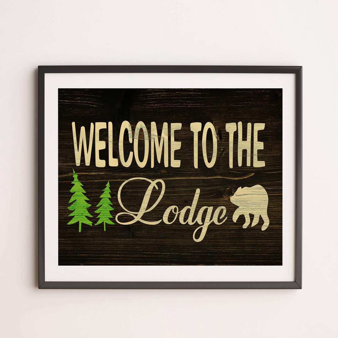 Welcome to the Lodge-Rustic Wall Decor Print- 14 x 11" Outdoors Themed Print w/Bear Silhouette-Ready to Frame. Replica Distressed Wood Design for Home-Cabin-Deck-Lodge-Lake. Printed on Photo Paper.