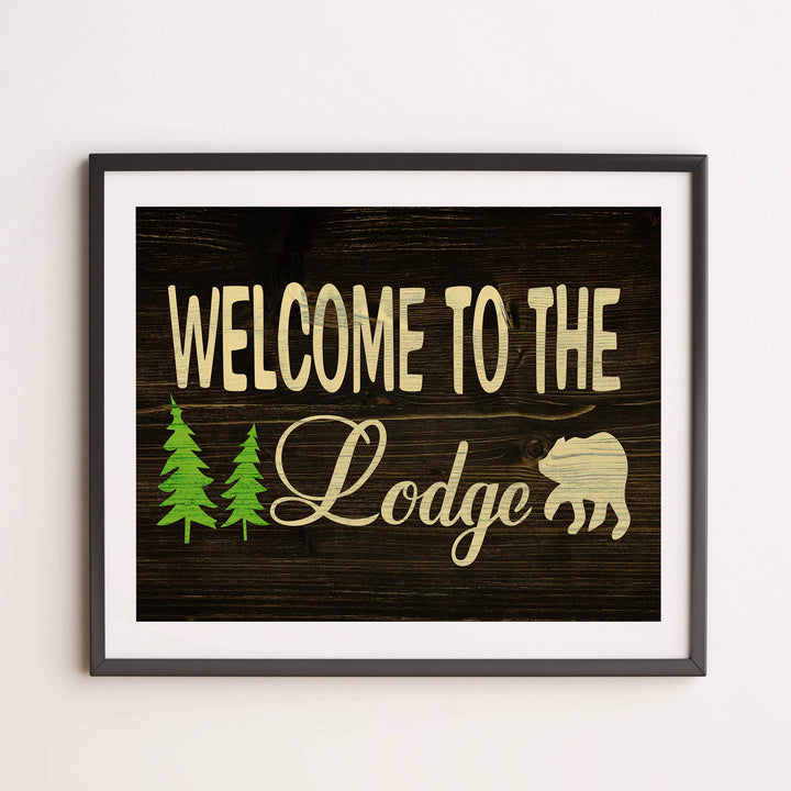 Welcome to the Lodge-Rustic Wall Decor Print- 14 x 11" Outdoors Themed Print w/Bear Silhouette-Ready to Frame. Replica Distressed Wood Design for Home-Cabin-Deck-Lodge-Lake. Printed on Photo Paper.