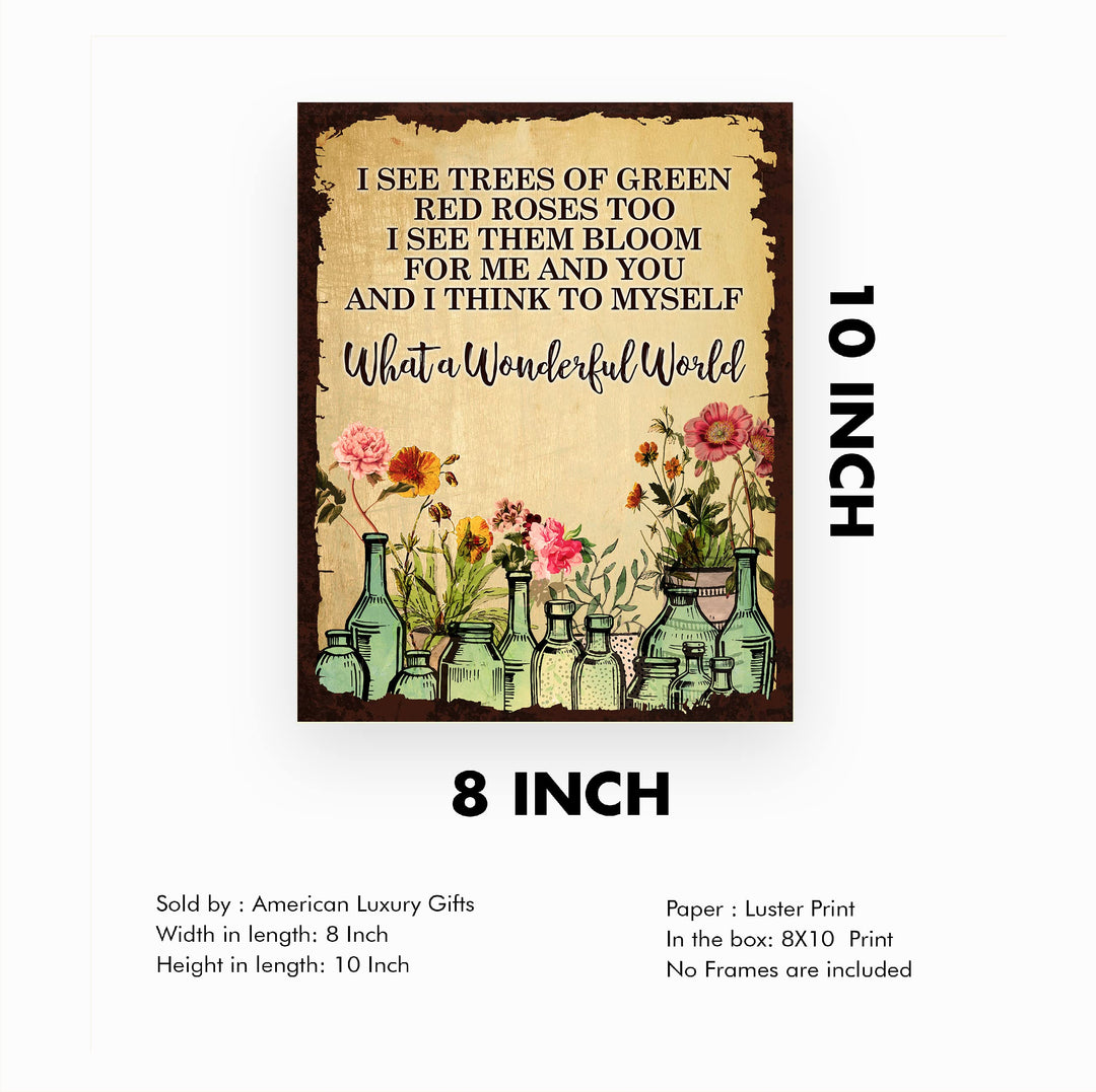 What A Wonderful World Song Lyric Wall Art -8 x 10" Floral Music Lyrics Print -Ready to Frame. Rustic Wood Design Decor for Home-Studio-Bar-Man Cave. Great Gift for Louie Armstrong &amp; All Jazz Fans!