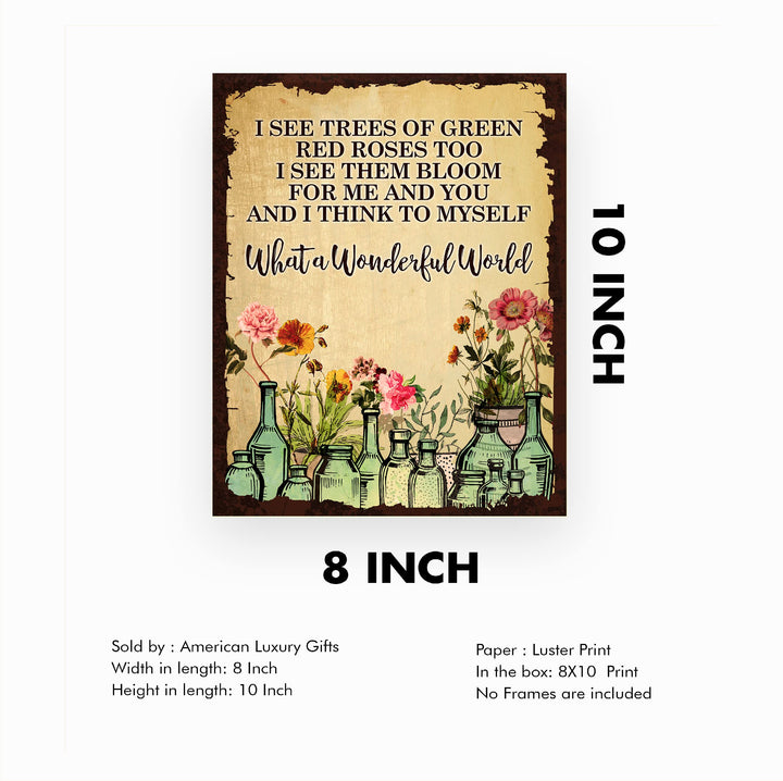 What A Wonderful World Song Lyric Wall Art -8 x 10" Floral Music Lyrics Print -Ready to Frame. Rustic Wood Design Decor for Home-Studio-Bar-Man Cave. Great Gift for Louie Armstrong &amp; All Jazz Fans!