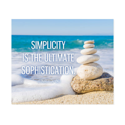 Leonardo Da Vinci Quotes-"Simplicity Is the Ultimate Sophistication"-Inspirational Wall Art -10 x 8" Beach Photo Print w/Stacked Stones Image-Ready to Frame. Home-Office-Studio-School-Library Decor.