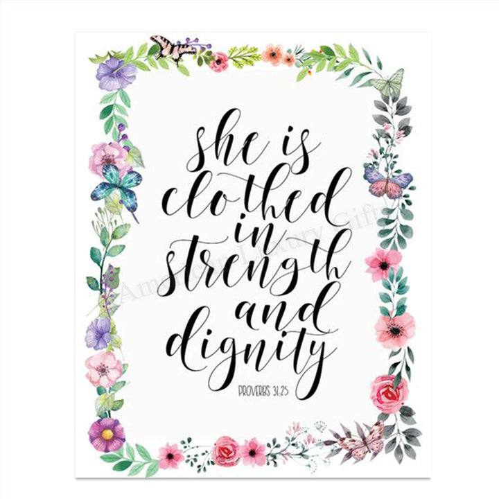 Proverbs 31 Woman-"Strength &amp; Dignity". Bible Verse Wall Art-8x10-Scripture Wall Art- Ready to Frame. Home D?cor-Christian Gifts. Inspirational &amp; Encouraging Verse- Perfect Gift For That Special Lady