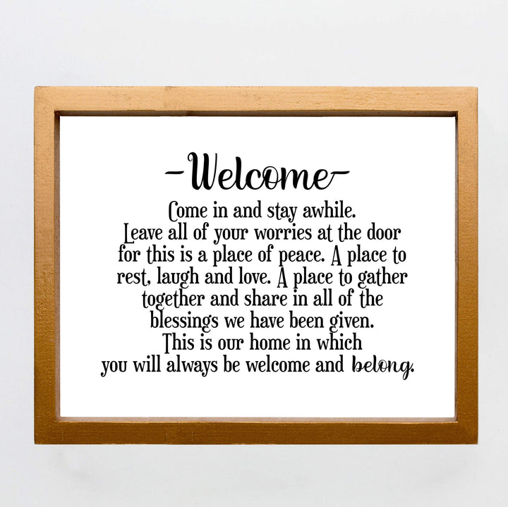 Welcome-Come In and Stay Awhile Inspirational Family Wall Decor -14 x 11" Typographic Art Print-Ready to Frame. Home-Entryway-Porch-Patio Decor. Perfect Welcome Sign-Great Housewarming Gift!