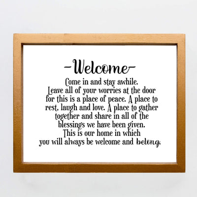 Welcome-Come In and Stay Awhile Inspirational Family Wall Decor -14 x 11" Typographic Art Print-Ready to Frame. Home-Entryway-Porch-Patio Decor. Perfect Welcome Sign-Great Housewarming Gift!
