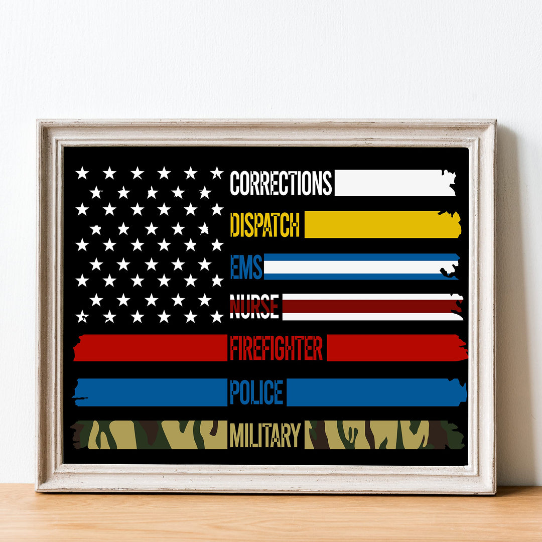 Military &amp; First Responders-Real American Heroes Patriotic Wall Art -14 x 11" Rustic American Flag Poster Print-Ready to Frame. Home-Office-Bar-Cave-School Decor. Show Your Respect! Great Gift!