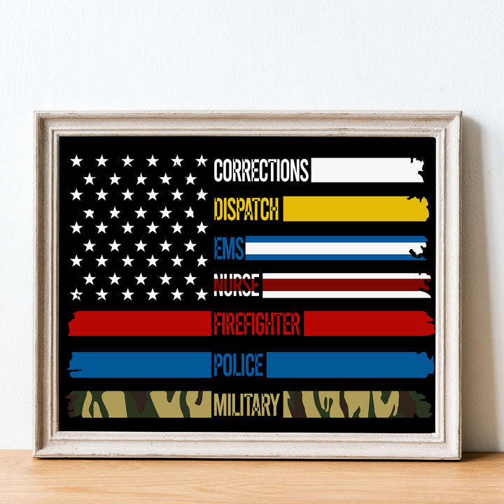 Military &amp; First Responders-Real American Heroes Patriotic Wall Art -14 x 11" Rustic American Flag Poster Print-Ready to Frame. Home-Office-Bar-Cave-School Decor. Show Your Respect! Great Gift!