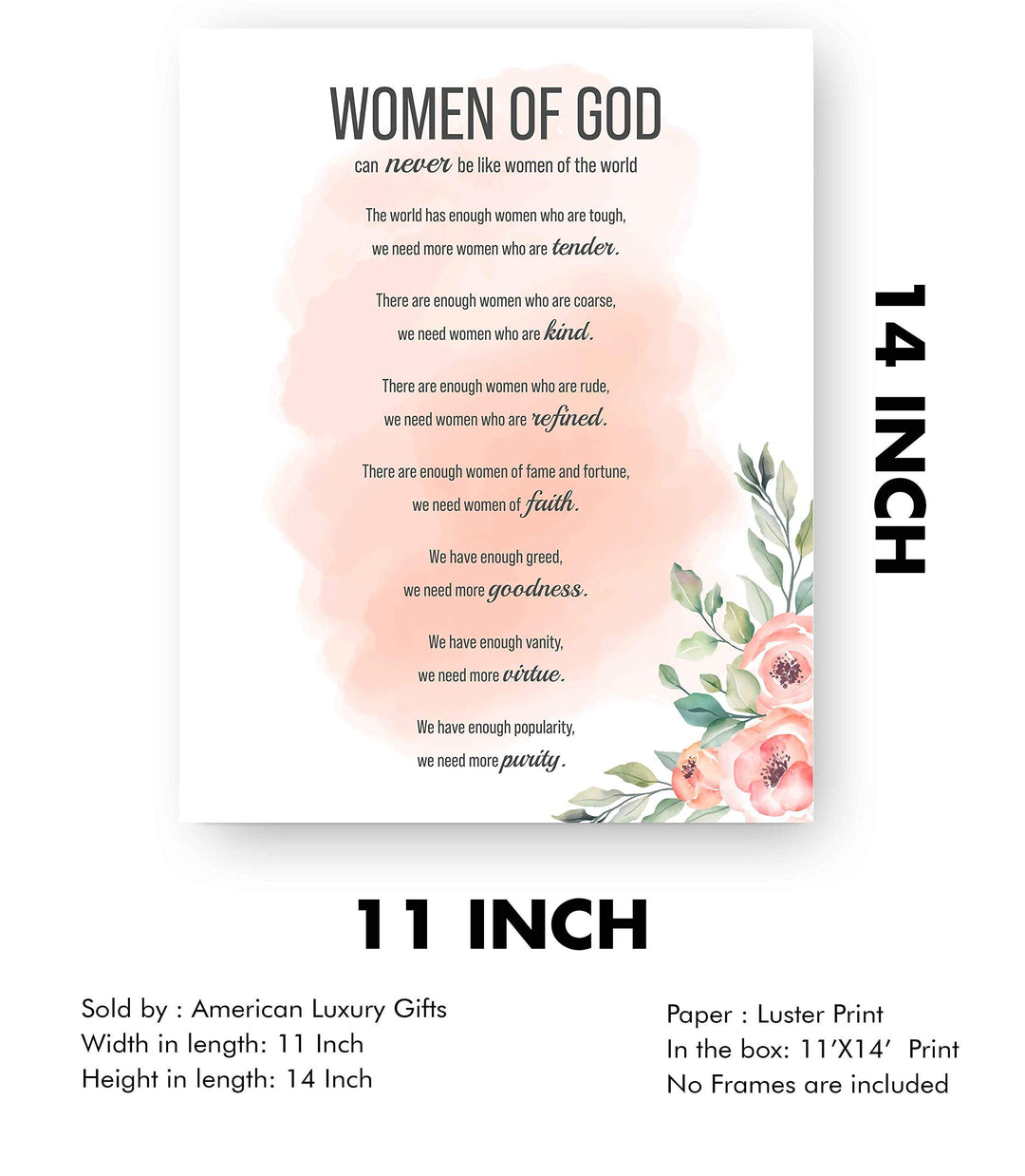 Women of God Inspirational Wall Art Sign -11 x 14" Modern Typographic Poster Print-Ready to Frame. Elegant Floral Design. Religious Home-Office-Church Decor. Perfect Christian Gift-Her Best Traits!