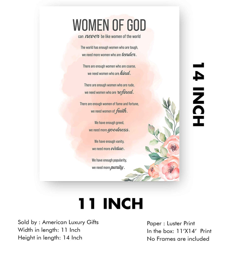 Women of God Inspirational Wall Art Sign -11 x 14" Modern Typographic Poster Print-Ready to Frame. Elegant Floral Design. Religious Home-Office-Church Decor. Perfect Christian Gift-Her Best Traits!