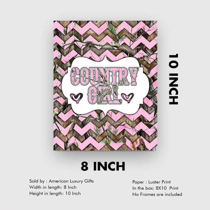 Country Girl -Rustic Inspirational Wall Art Sign -8 x 10" Western Chevron Pink Camo Print -Ready to Frame. Chic Decoration for Home-Office-Farmhouse-Dorm Decor. Cute Gift for All Southern Girls!