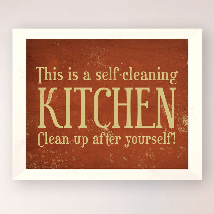 This Is a Self-Cleaning Kitchen Funny Rustic Wall Sign -10x8" Country Farmhouse Art Print w/Replica Wood Design-Ready to Frame. Humorous Home-Kitchen-Office Decor. Fun Gift! Printed on Photo Paper.