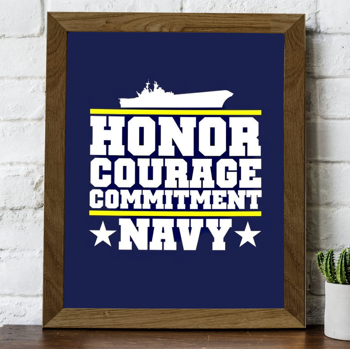 US Navy Quotes"Honor Courage Commitment" Naval Ship Wall Art Sign- 8 x 10" Blue USA Navy Seals Print -Ready To Frame. American Military Decor Poster Print for Home-Office-Garage-Bar-Man Cave Decor.