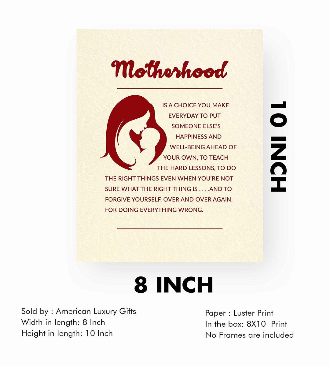 Motherhood -Inspirational Wall Art Sign- 8 x 10" Modern Typographic Poster Print-Ready to Frame. Motivational Wall Decor for Home-Office-Nursery-Clinic. Great for Mothers. Perfect Baby Shower Gift!