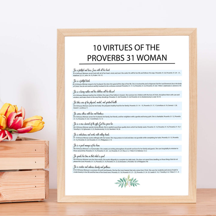 Ten Virtues of the Proverbs 31 Woman-Bible Verse Wall Art Sign -11 x 14" Scripture Wall Print-Ready to Frame. Inspirational Home-Office-Church Decor. Great Religious Gift for Christian Women!