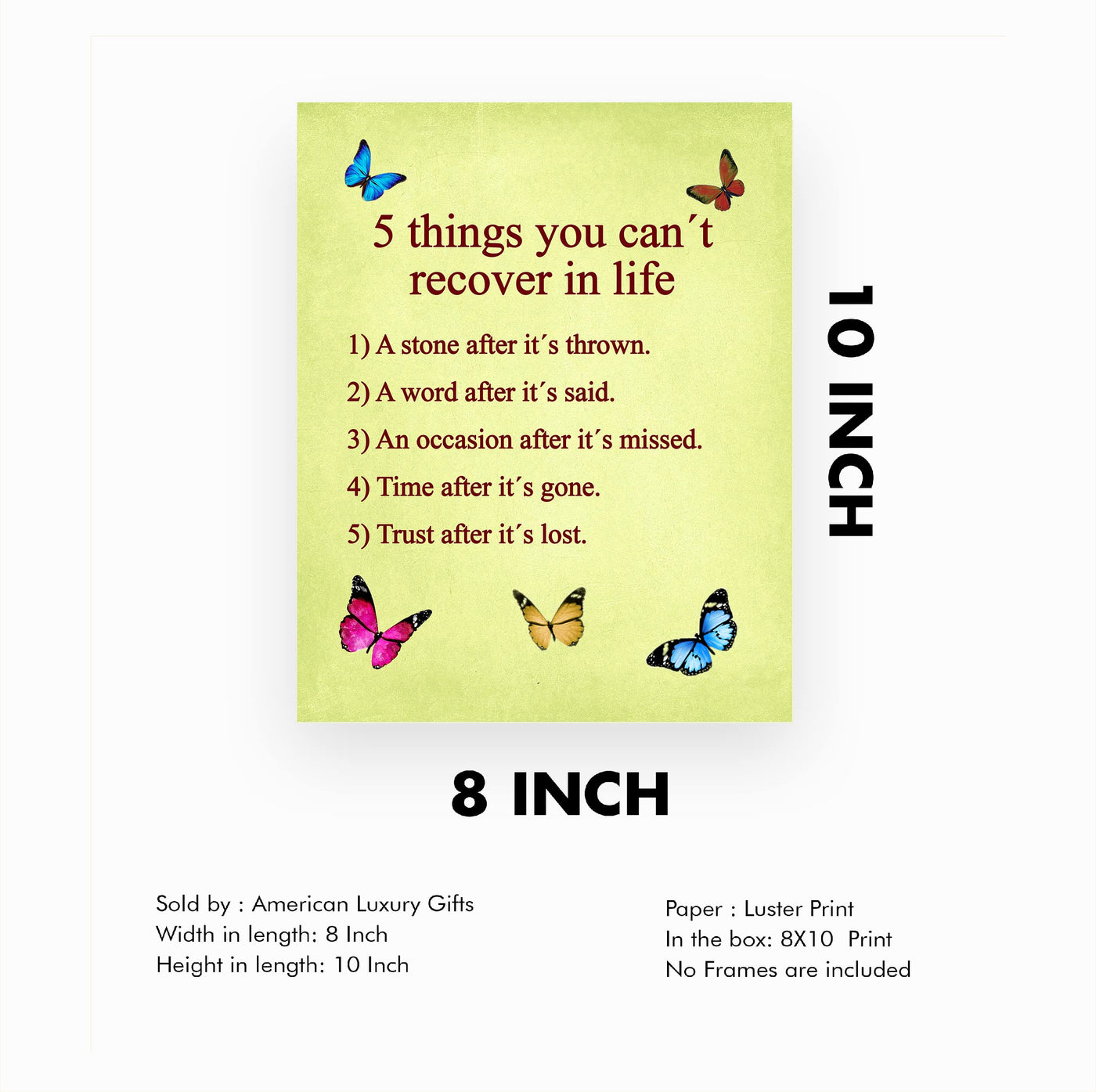 5 Things You Can't Recover In Life Inspirational Quotes Wall Sign-8 x 10" Motivational Butterfly Print-Ready to Frame. Modern Typographic Design. Positive Home-Office-School Decor. Great Reminders!