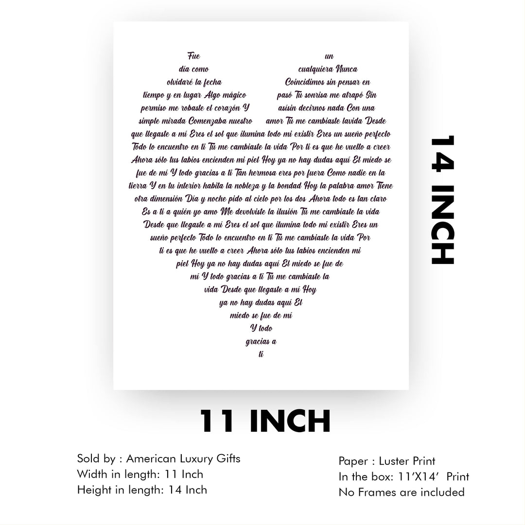 "Tu Me Cambiaste La Vida" Spanish Love Song Wall Art -11 x 14" Romantic Music Lyrics Wall Print -Ready to Frame. Loving Home-Bedroom-Studio Decor. Cute Gift for Couples &amp; Valentines!