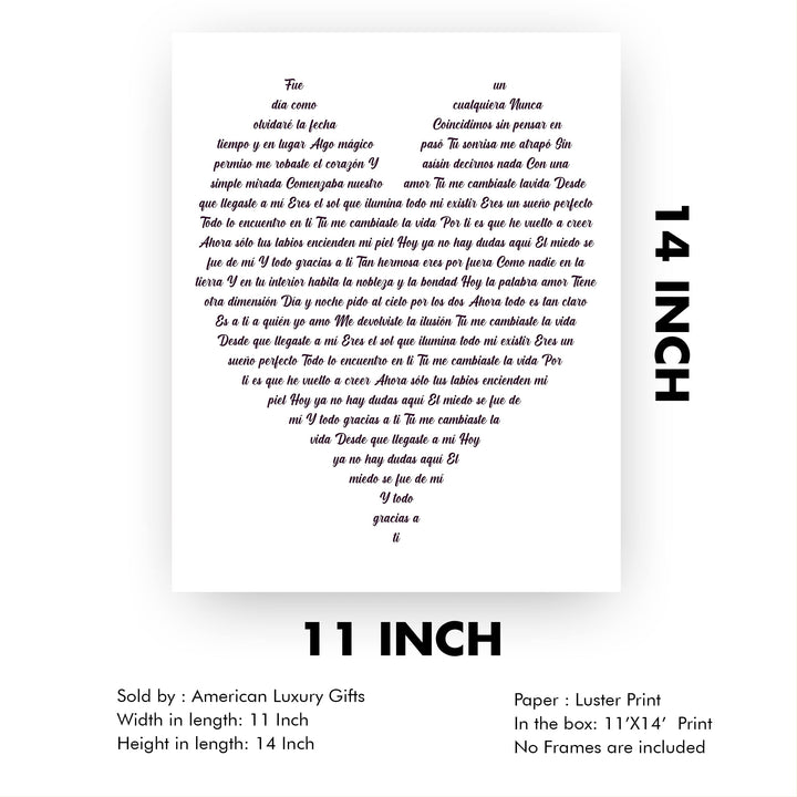 "Tu Me Cambiaste La Vida" Spanish Love Song Wall Art -11 x 14" Romantic Music Lyrics Wall Print -Ready to Frame. Loving Home-Bedroom-Studio Decor. Cute Gift for Couples &amp; Valentines!