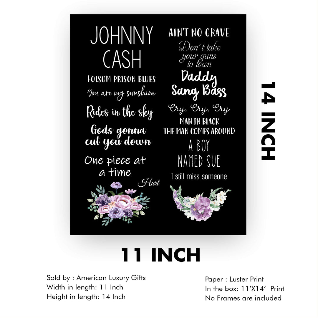 Johnny Cash-Greatest Hits Wall Art Sign -11 x 14" Song Titles Floral Poster Print -Ready to Frame. Rustic Decor for Home-Studio-Bar-Dorm-Cave. Great Gift for All Country Music Fans!