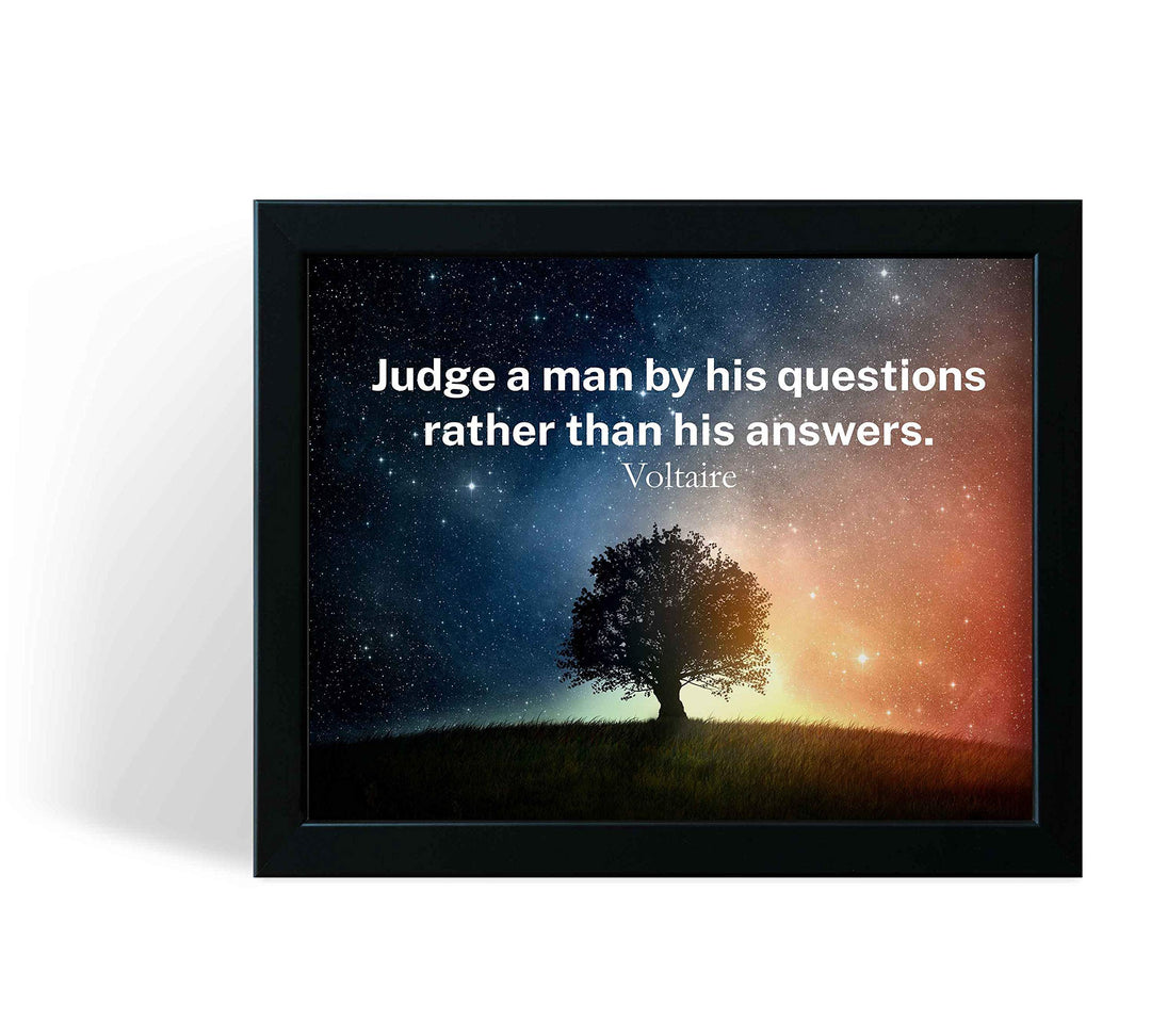 Voltaire Quotes Wall Art-"Judge A Man By His Questions"-10x8" Starry Night Typographic Print-Ready to Frame. Inspirational Home-Office-Classroom-Library Decor. Great Gift of Philosophy &amp; Inspiration!