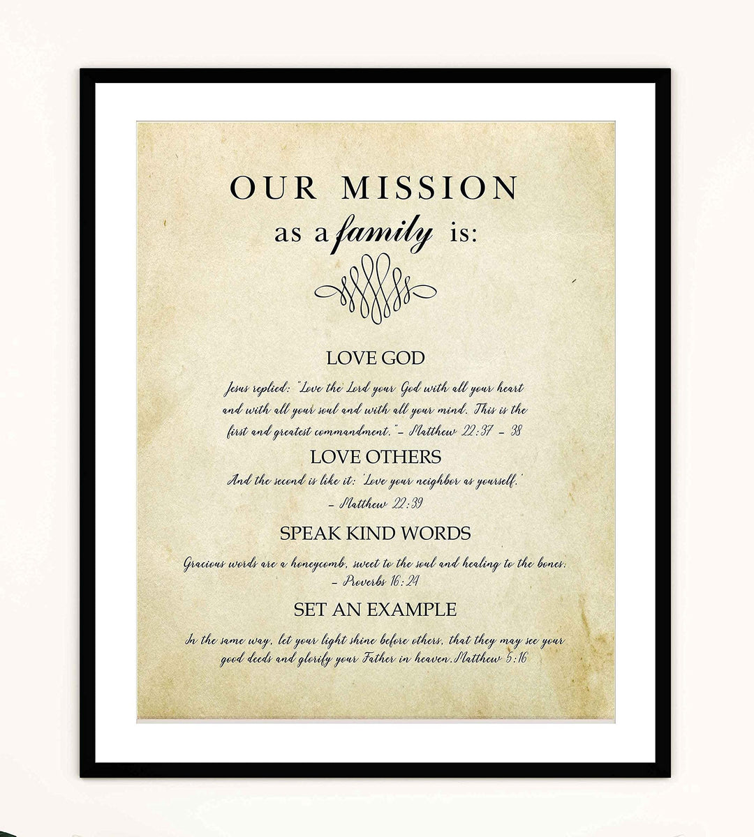 Our Mission-Bible Verse Wall Art Sign-8 x 10" Scripture Poster Print w/Replica Distressed Parchment Design-Ready to Frame. Christian Wall Decor for Home-Office-Church. Perfect Religious Keepsake!