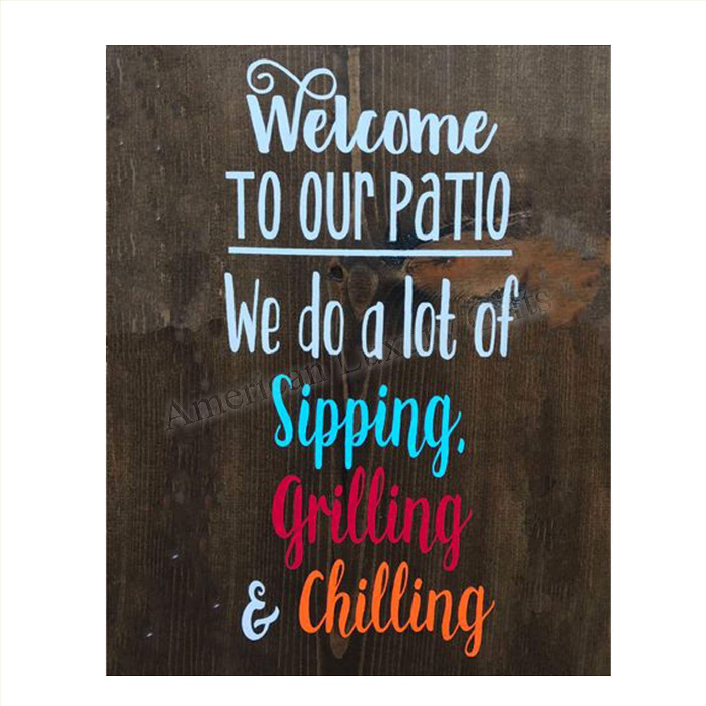 Welcome to Our Patio- Sipping-Grilling-Chillin-Rustic Wall Art-8 x 10" Wall Art Print- Ready to Frame. Replica Distressed Photo Print. Perfect for Home-Cabin-Deck-Lodge-Lake. Printed on Photo Paper.