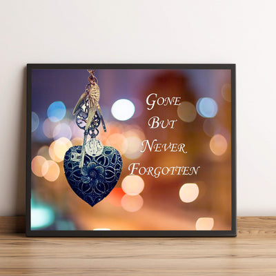 Gone But Never Forgotten-Inspirational Wall Art Decor -10 x 8" Memorial Poster Print w/Heart, Key, and Angel Wing Images-Ready to Frame. Loving, Sentimental Keepsake for Family and Friends.