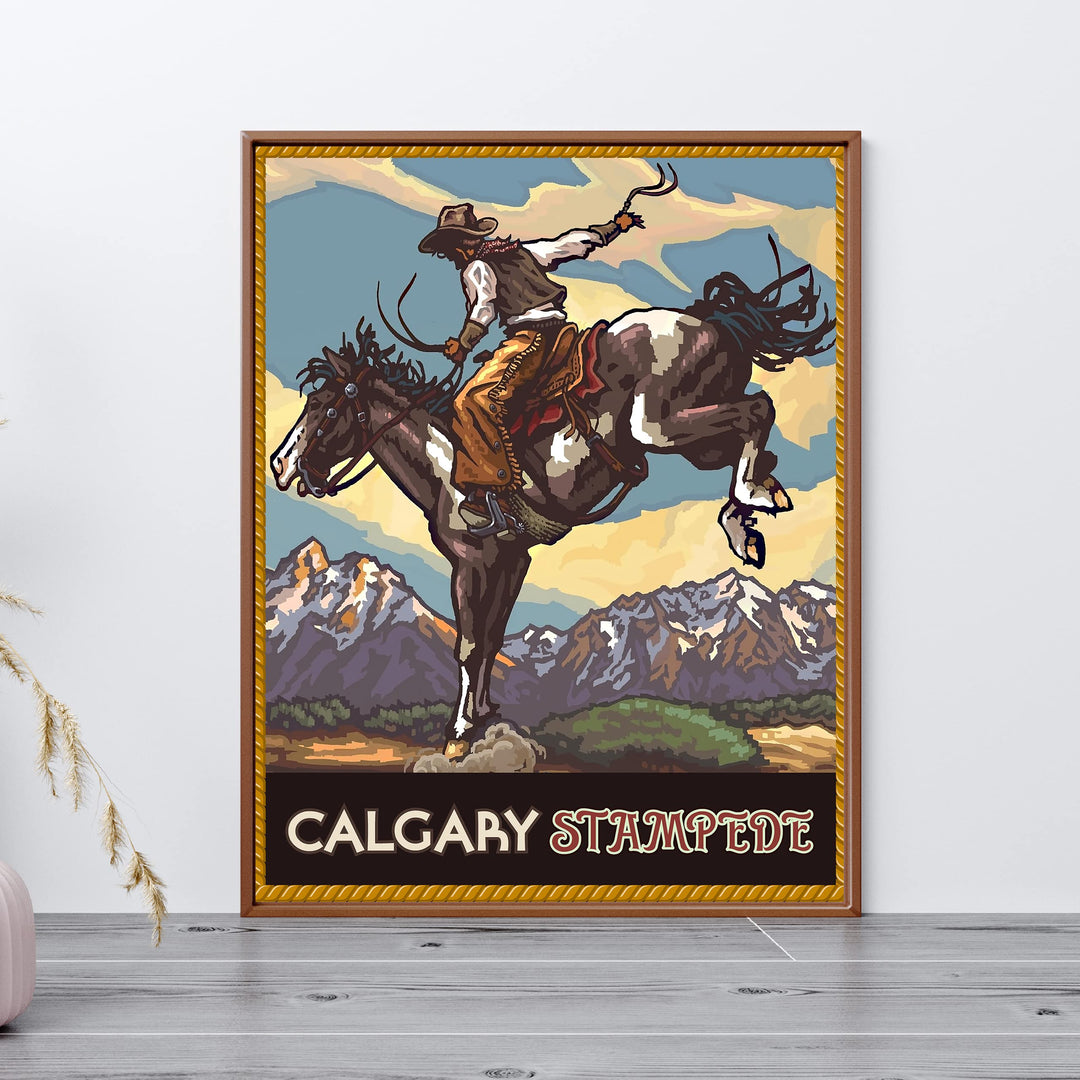 "Calgary Stampede" Cowboy Riding Horse Wall Art Sign -8 x 10" Country Rustic Rodeo Poster Print -Ready to Frame. Home-Office-Farmhouse Decor. Perfect Gift for All Cowboys &amp; Cowgirls!
