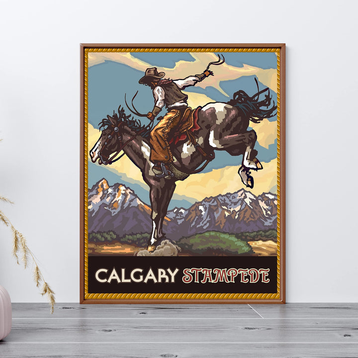 "Calgary Stampede" Cowboy Riding Horse Wall Art Sign -8 x 10" Country Rustic Rodeo Poster Print -Ready to Frame. Home-Office-Farmhouse Decor. Perfect Gift for All Cowboys &amp; Cowgirls!